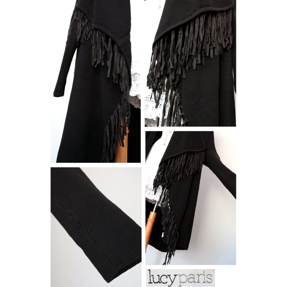 Faux Suede Fringed Waterfall Open Long Cardigan - Picture 5 of 10